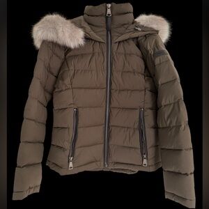 DKNY Khaki Puffer Jacket with Faux Fur Trim